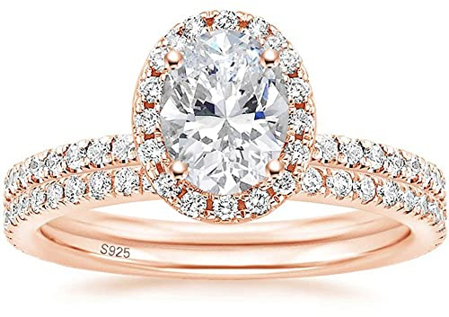 Zakk ringar dam silver 925 oval zirkonia 1,5CT förlovningsringar vigselringar förlovningsringar förlovningsring set roséguld guld, Sten, Kubisk zirkonia