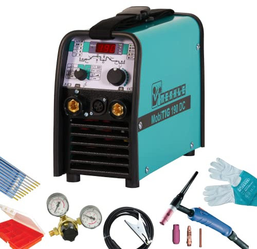MERKLE Schweißgerät MobiTIG 190 DC, WIG(TIG)-Anlage | Zubehör-Set | Stufenlos | inkl. 4-8 Mtr. Brenner | 2-/4-Takt-Betrieb | Hochfrequenz- und LiftTIG-Zündung | TIG-Puls Funktion (8 Meter Brenner)
