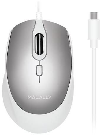 Macally USB C Mouse for Mac - Sculpted for Comfort - Wired Type C for MacBook Pro Air|iPad|PC|iOS|Android - Plug and Play USBC Apple with Ambidextrous Body and 4 DPI Modes - Silver