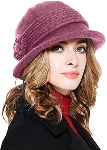 Joligiao Damen Hut Winter Fischerhut Wolle Baskenmütze Vintage Barette Stricken Hüte Warme Wintermütze Kunstpelz Fellmütze Cloche Bucket Hut mit Blumendetail Weiche Breite Krempe,Beige,One Size