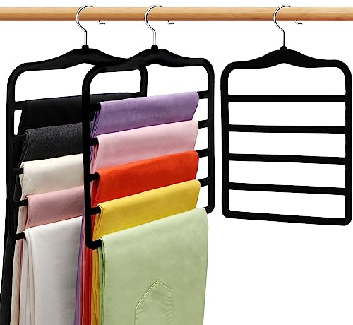 Closet Organizers and Storage, 3 Pack Pants-Hangers-Space-Saving, Velvet Non Silp 5 Tier Scarf Jeans Closet Organizer,Dorm Room Essentials for College Students Girls Boys Guys,Organization and Storage