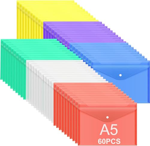 ASelected 60 Stück Dokumentenmappe mit Druckknopf Dokumententasche Transparent Sichttasche Sammelmappe Druckknopf für Organizer Dokumente (6 Farben, 60Stk-A5)