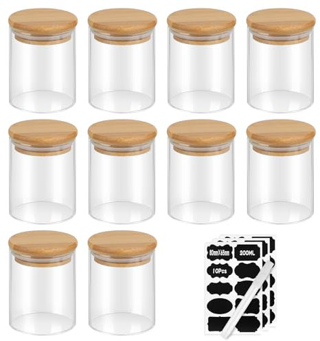 EFUTURETIME Lot de 10 Bocaux en Verre de 200ml, 8.8*6.5*6.5cm, Pot à Épice Hermétique avec Couvercle en Bambou, Boîte Rangement Cuisine avec Étiquette, Bocal de Conservation pour Céréales Noix Poudre