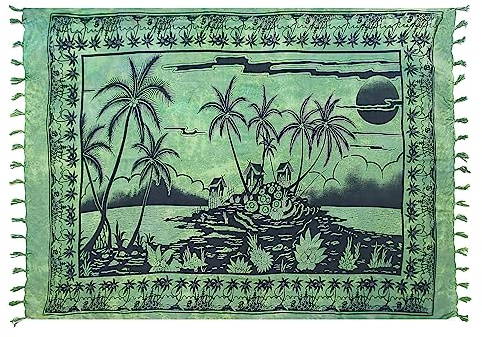 SAIVONA Pareo Sarong Strandtuch Damen - Wickelrock Strand - Handtuch Blickdicht als Wickeltuch oder Handtuchkleid und Wickelkleid Damen - Handarbeit aus Fair Trade Herstellung Batik Grün Insel Meer