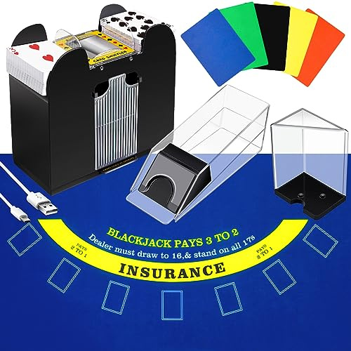 Aoriher Blackjack Game Combo Set, Include Blackjack Layout Felt,Shoe 6 Deck Automatic Card Shuffler Discard Holder Trays and 10 Cut Cards for Casino, Party Night(Blue)