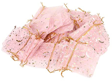 Firlar 100 Stück Mond- und Stern-Organzabeutel mit Kordelzug, Hochwertige, Transparente Geschenkbeutel mit Kordelzug, Süßigkeitenbeutel, Transparenter, Süßer Rosa Organza