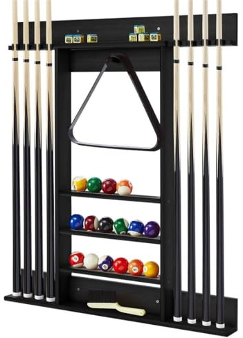 SPOTRAVEL Billiards Pool Cue Rack, Wall Mounted Cue Rack Stand with 3 Tiers Ball Slots & 8 Clips, Billiard Pool Table Accessories for Club (Black)