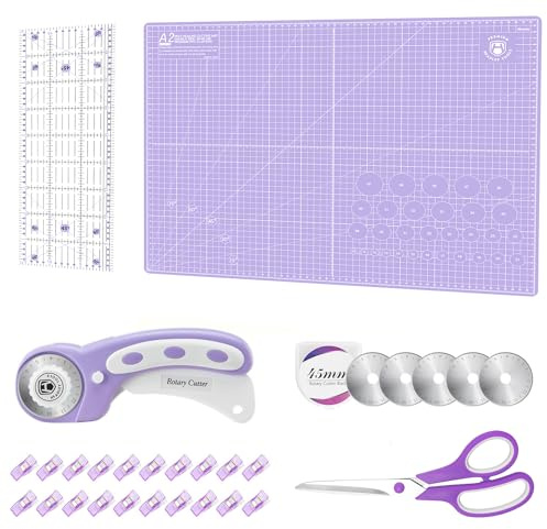 Rollschneider Set Lila - 45mm Rollschneider Stoffschneider Set inkl. A2 Schneidematte, Rollschneider, Ersatzklingen, Patchwork-Lineal, Stoffklammern, Scheren ideal zum Basteln, Nähen, Patchworken