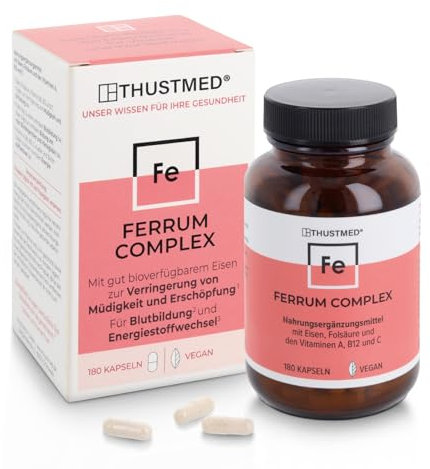 Ferrum Complex - 180 Kapseln für die tägliche Eisenversorgung, Eisenpräparat mit Vitamin C, Folsäure, Vitamin A, Vitamin B-Komplex, hochdosiert, vegan - In Deutschland produziert und laborgeprüft