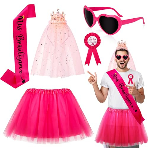 Hysagtek Junggesellenabschied Männer,5 Stück JGA Kostüm Accessoires Männer mit Rosa Tütü Herren,Rosa Love Brille,Abzeichen JGA Schleier Krone Stirnband Herren JGA Party Kostüm für Hochzeitsparty Spoof