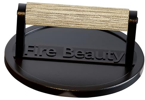 Fire Beauty Burger Press, 7 Grill Press,Cast Iron Grill Press with Wood Handle,Food-Grade Smash Burger Press for Seared Bacon,Steak&Burger,Ideal for Indoor and Outdoor Cooking,Pre-Seasoned