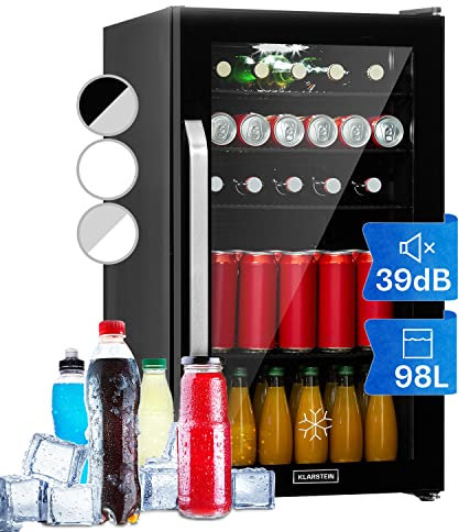Klarstein Nevera Pequeña Puerta Cristal Habitaciones, Nevera Portatil Electrica, Mini Nevera Pequeña para Bebidas, Frigorificos Pequeños 98L, Mini Frigorifico con Estantes, Neveras Pequeñas