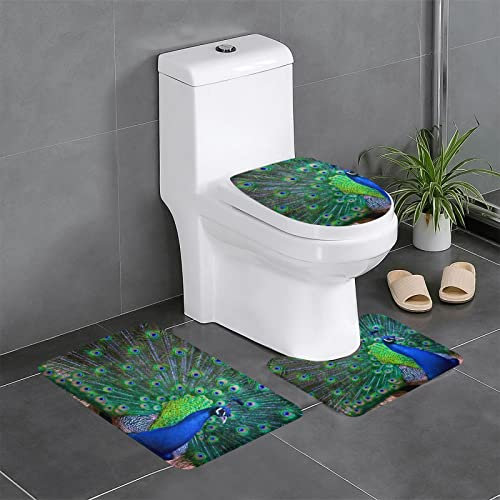 FLYIFE Badteppich-Set mit schönem Pfauenmotiv, 3-teilig, Flanell, rutschfest, wasserabsorbierend, mit U-förmiger WC-Vorleger und WC-Deckelbezug