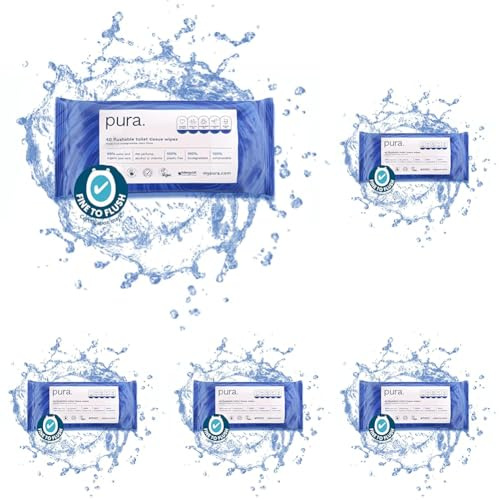 Pura Flushable Moist Toilet Tissue Wipes, 5 Pack of 40 Wet Wipes, 100% Plastic Free, 99% Water Clean Washlets, Certified ‘Fine to Flush’ Biodegradable, Compostable, Vegan, Gentle Clean