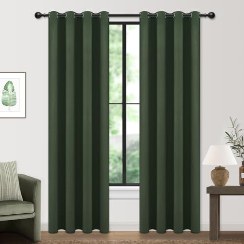 MRTREES 100% Blackout Curtains 90 Drop, Eyelet Thermal Curtains for Living Room with Linen Look, 2 Panels Window Treatment 46x90 Inch 117x228 CM, Olive Green