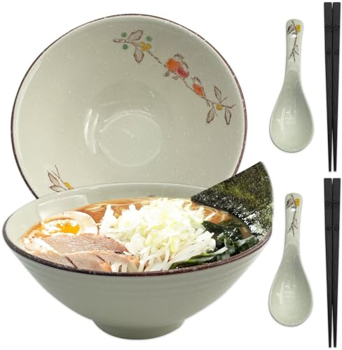 CIGAA Ramen Juego de cuencos – 2 x 1200 ml Ramen Bowl | Cuenco ramen de cerámica | Cuenco japonés con palillos y cucharas | Apto para microondas y lavavajillas