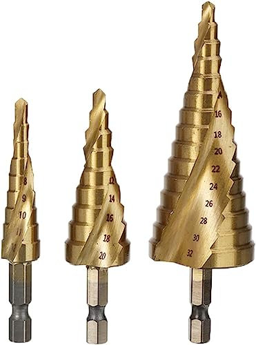 Taladro de metal， Brocas escalonadas en espiral HSS de 3 tamaños, con accionamiento hexagonal de 1/4, con cono escalonado y hojas de corte dobles for perforar metal y madera.(4 32mm)