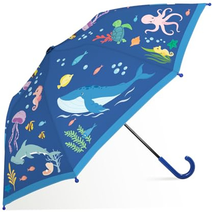 decalsweet Ombrello Pieghevole Antivento Bambino con Copertura, Resistente Ombrello Bambina, Facile da Trasportare Ombrello Pioggia, Ombrello Tascabile Bambini con Motivo Carino (Mondo Marino in Blu)