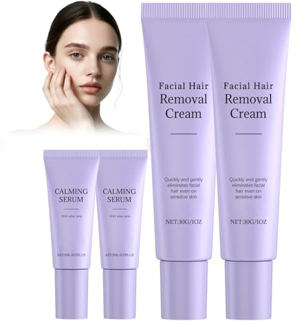 2Pack Facial Hair Removal Cream - Face Hair Remover for Women - Gentle Formula Hair Removal Cream Kit - Depilatory Cream & Calming Serum - 10-Minute Fast Acting