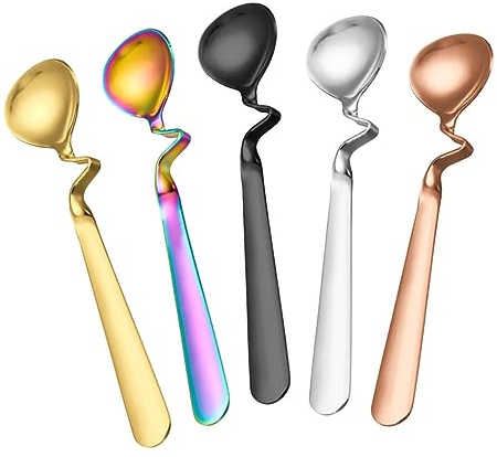 Sosoport Cuillères à Dessert En Acier Inoxydable 5 Pièces Multifonctions Manches Incurvés Colorés Cuillères à Mélanger Suspendues Pour Café, Pudding, Glace Et Pâtisserie