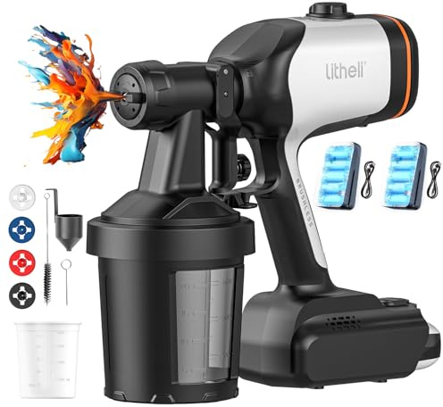 Litheli Pistola a spruzzo a batteria, 2x 4.0Ah batterie, motore brushless 500W, flusso regolabile, 3 modalità di spruzzo & 4 ugelli, per interni ed esterni