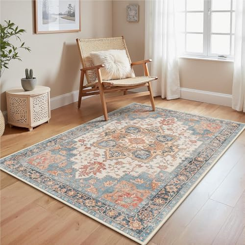 GENIMO - Vintage matta 120 x 170 cm - halkfri, tvättbar, med kort hår - för vardagsrum, sovrum, kök - orange blå