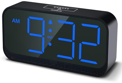 Acedeck Battery Operated Digital Clock: Cordless Small Alarm Clock for Bedroom Travel - Large Numbers 4 Dimmers for All Ages Blue Digits