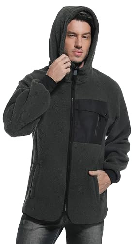 Mnking Giacca Pile Uomo Invernale con Cappuccio Cerniera Sherpa Felpa Polar Hoodie Caldo Termica Lavoro Teddy Cappotto per Outdoor Running Trekking Sci FS6586M-Grey-2XL