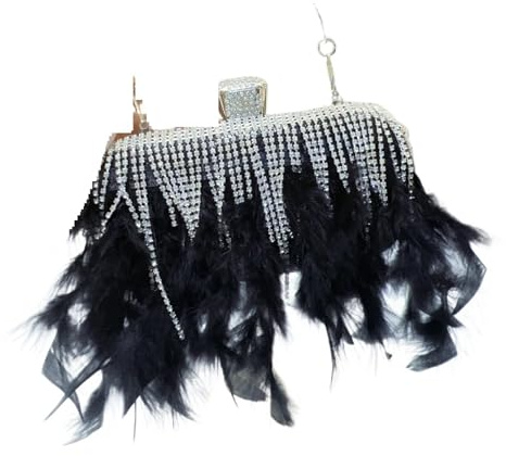 BDXMKS Strutsfjäder Kvällsväska Strutsfjäder Kväll Kristall Diamant Kvällsväska Damväska, Bröllop Party Clutch Bag, Svart, 18.5CM