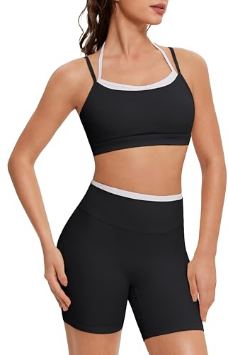 OMKAGI Workout Sets for Women Cute Doubel Layer Open Back Sports Bras Gym Shorts Outfits(M,531-Black)