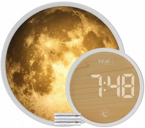 TFA Dostmann Lichtwecker digital mit Stimmungslicht, 60.2050, Mondfolie, Nachtlicht, Soluna Mini, Wecker, Sonnenaufgangs-Funktion, Einschlafhilfe, Ladefunktion (Weiß mit Batterien)