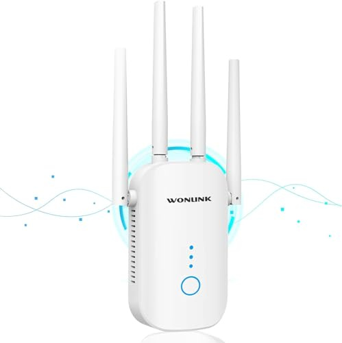 WONLINK Repetidor WiFi, 1200Mbps Amplificador Señal WiFi Doble Banda 5G y 2.4GHz con Puerto Ethernet, 4 Antenas, MU-MIMO, Apoyo Repetidor/Router/Ap Modos para Hogar y la Oficina, EU Plug, Blanco