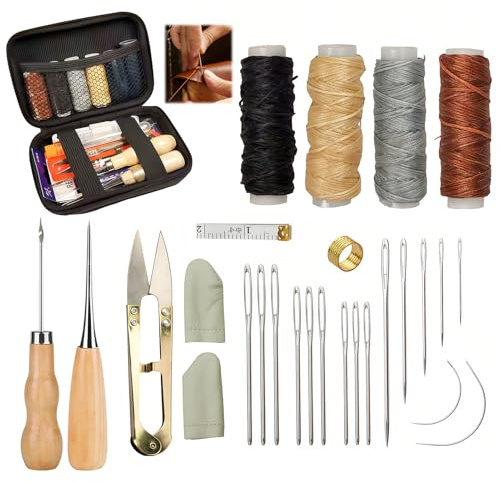 Leather Sewing Kit, 33PCS Awl, Needles and Thread Set for Hand Repair
