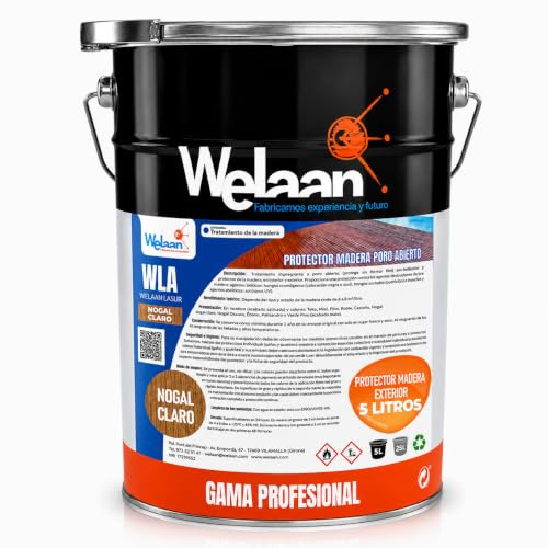 Lasur Protector Madera Exterior - Lasur Barniz Madera Exterior a Poro Abierto,Tarimas, Puertas, Vallas y Muebles - Barniz Madera Exterior Impermeabilizante, Resistente UV y Humedad (Nogal Claro, 5L)