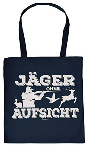 Jäger-Sprüche Geschenktasche - Baumwolltasche Jagd Motiv : Jäger ohne Aufsicht - Einkaufstasche Jagdsport Stofftasche - Farbe : Navyblau