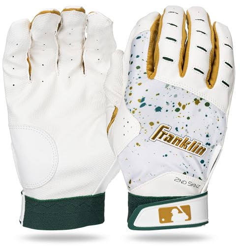Franklin Sports MLB Schlaghandschuhe, 2nd Skinz Drip Baseball + Softball-Schlaghandschuhe, Erwachsene + Jugendliche, Lederpaar, Weiß + Waldgrün, Größe L (Erwachsene)