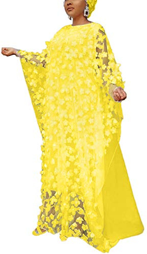 HD, Abito da Donna Stile Africano in Chiffon, con Scollo a Barchetta, con Decorazioni Floreali, Taglia Unica, Giallo, Taglia Unica