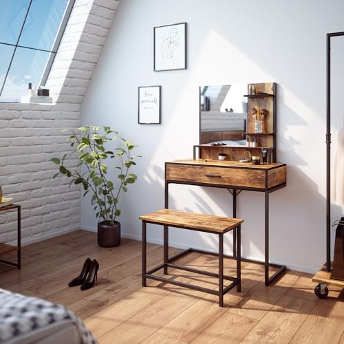 Vicco Schminktisch Fyrk, Antikholz, 80 cm mit Stuhl, geeignet als Sitzgelegenheit und Ablage für Schminkbereich