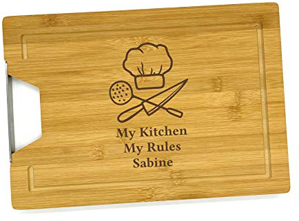 Holzbrett mit Gravur My Kitchen My Rules Schneidebrett personalisiert Name Holz 33x23x1,8 cm | Küchenbrett Name personalisiert Geschenk Kochen | Bambus Brett graviert (KSB-01)