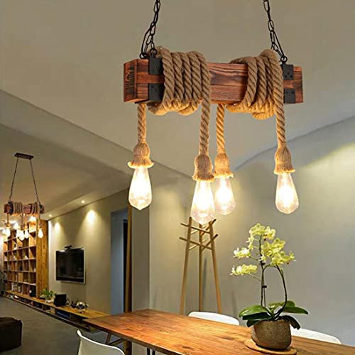 Vintage Holz Kronleuchter Pendelleuchte Weinlese Esszimmer Lampe, 4-flammig, Kreativ Hanfseil Deko Esstisch Hängeleuchte, 53cm, E27 LED Deckenbeleuchtung für Küchen insel Wohnzimmer Büro Loft Lüster