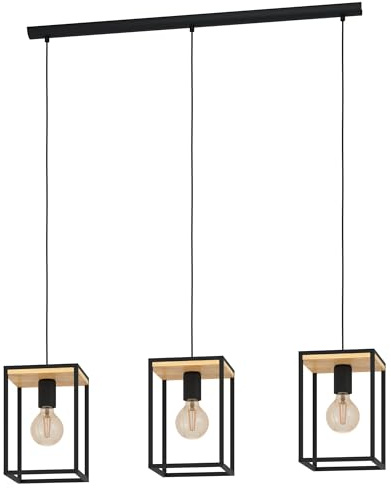 Eglo lámpara colgante Libertad, luminaria suspendida de 3 luces mesa | de comedor, iluminador de suspensión de metal en negro y madera en natural, candil de comedor, E27