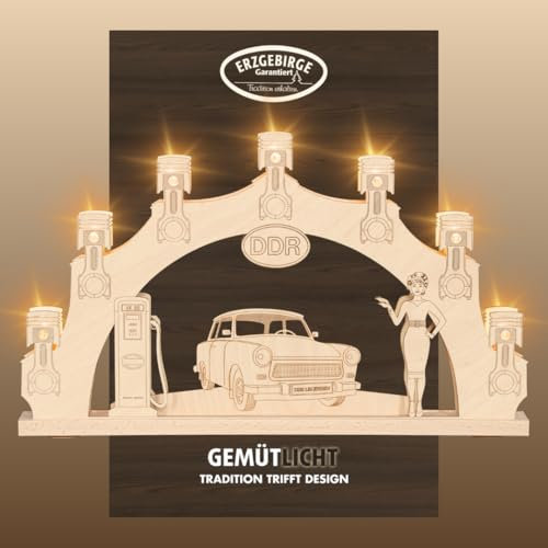 weigla - Schwibbogen original Erzgebirge I Lichterbogen Weihnachten I Motiv Trabant 601 I 7 Lampenkerzen + 1 Ersatzlampe I 7 x 34 V, 3 W, E10 I beleuchtete Weihnachtsdeko innen I Ganzjahresdeko