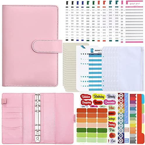 A6 Binder Notizbuch 88 pcs Budget Binder Set,Budget Planner Leder mit Klar Plastik Binderumschlägen, 6 Löcher Loseblatt Notizbuch Spesenbudgetblätter Notebook Ringbuchordner (Pink)