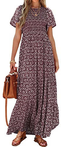PRETTYGARDEN Women's Short Sleeve Boho Floral Dress A Line Smocked Midi Dress Casual Tiered Summer Dresses 2026 (Wine Red,X-Large)