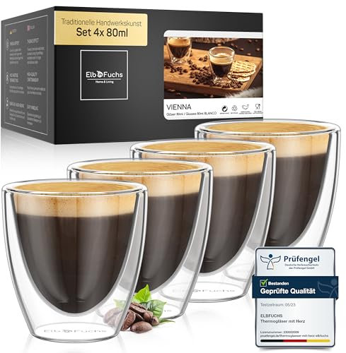 ElbFuchs® Tasse double paroi espresso [4x 80ml] IDÉE CADEAU | Tasse espresso transparente | Verre double paroi | Tasse à café original | Tasses à expresso double paroi