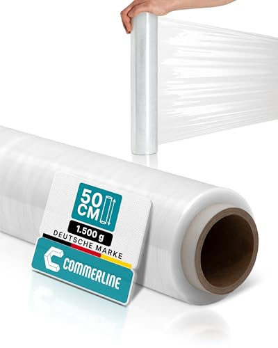Commerline Transparent Stretchfilm | 1 Rulle - 50 cm, 1500 g, 230 m | Plastfolie & Skyddsfilm för Flytt, Möbler och Pall | Förpackningsfilm & Wrapfilm | 1 500 g, transparent, stretchfolierulle, förpackningsfilm, flyttfolie för möbler, pallfolie, förpackningsmaterial