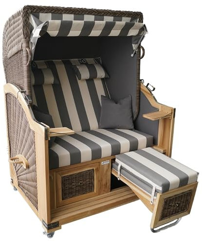 Strandkorb Teak koboo grau/cremeweiß Stoff 2 Sitzer Voll-Liegemodell