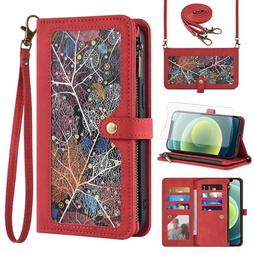 Phone Case for iPhone 12 Pro iPhone12 6.1 Wallet Cover With Screen Protector Crossbody Wrist Strap Leather Flip Pattern Zipper Credit Card Holder Stand Cell iPhone12pro 5G i 12s 12pro Women Men Red