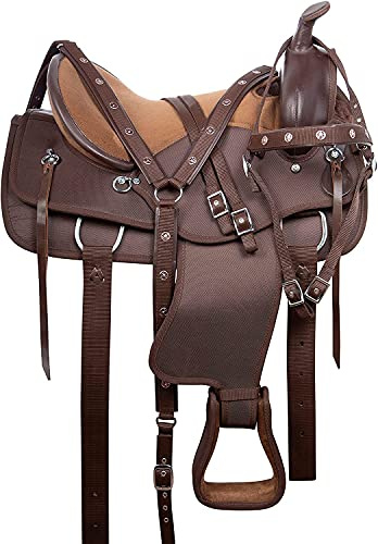 Synthetischer Western-Pferdesattel | 35,6 bis 45,7 cm | bequemer Pferdesattel mit Zaumzeug-Set | Zubehör für Reitsport (braun, 39,4 cm Sitz)