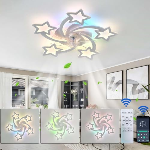 Luyaim Deckenventilator Mit Beleuchtung Und Fernbedienung Leise 100W Modern LED RGB Dimmbare Deckenleuchte Mit Ventilator Reversibel Lampe Mit Ventilator Für Wohnzimmer Schlafzimmer Kinderzimmer